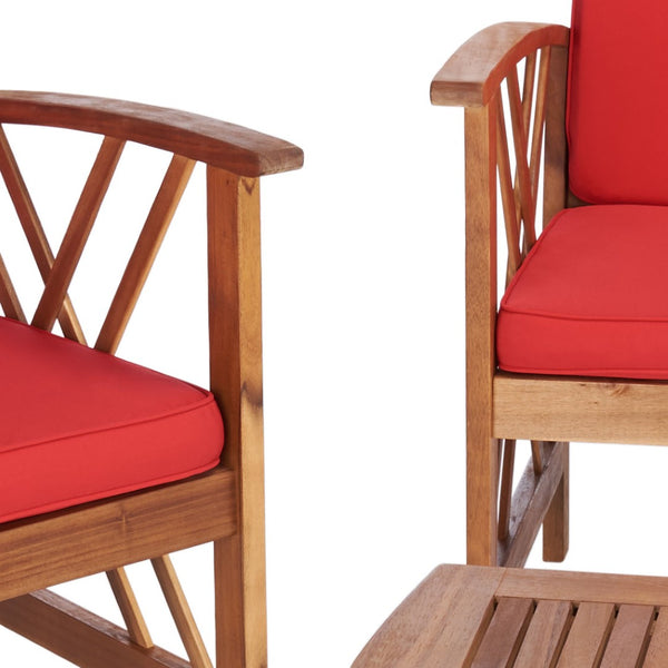 Safavieh FONTANA 4-Piece Outdoor Set - Stylish Acacia Wood Furniture with All-Weather Comfort & Chic Design Natural / Red PAT7008R