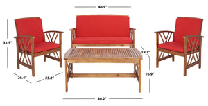 Safavieh FONTANA 4-Piece Outdoor Set - Stylish Acacia Wood Furniture with All-Weather Comfort & Chic Design Natural / Red PAT7008R