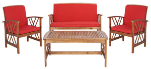 Safavieh FONTANA 4-Piece Outdoor Set - Stylish Acacia Wood Furniture with All-Weather Comfort & Chic Design Natural / Red PAT7008R