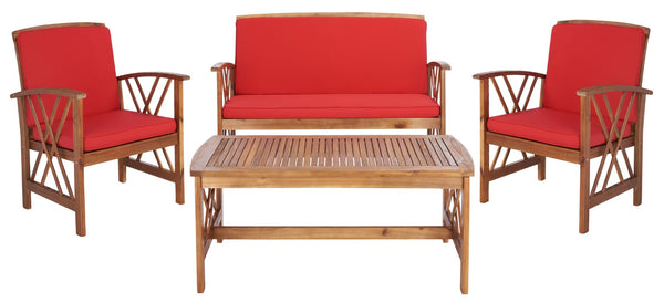 Safavieh FONTANA 4-Piece Outdoor Set - Stylish Acacia Wood Furniture with All-Weather Comfort & Chic Design Natural / Red PAT7008R