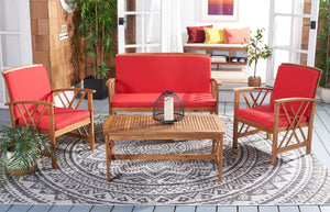Safavieh FONTANA 4-Piece Outdoor Set - Stylish Acacia Wood Furniture with All-Weather Comfort & Chic Design Natural / Red PAT7008R