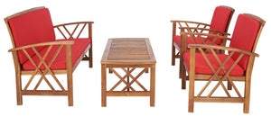 Safavieh FONTANA 4-Piece Outdoor Set - Stylish Acacia Wood Furniture with All-Weather Comfort & Chic Design Natural / Red PAT7008R