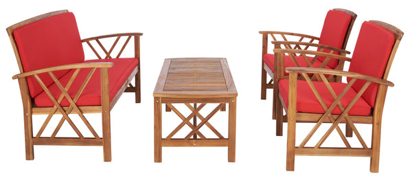 Safavieh FONTANA 4-Piece Outdoor Set - Stylish Acacia Wood Furniture with All-Weather Comfort & Chic Design Natural / Red PAT7008R
