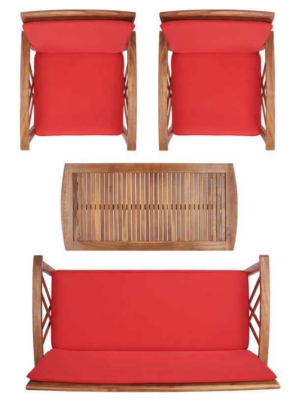 Safavieh FONTANA 4-Piece Outdoor Set - Stylish Acacia Wood Furniture with All-Weather Comfort & Chic Design Natural / Red PAT7008R