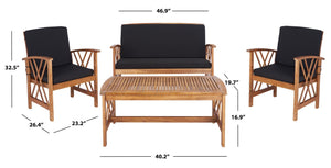 Safavieh FONTANA 4-Piece Outdoor Set - Stylish Acacia Wood Furniture with All-Weather Comfort & Chic Design Natural / Black PAT7008X