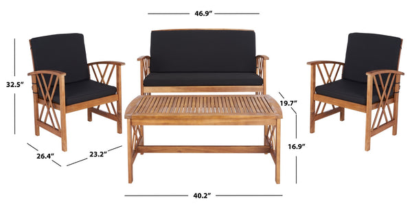 Safavieh FONTANA 4-Piece Outdoor Set - Stylish Acacia Wood Furniture with All-Weather Comfort & Chic Design Natural / Black PAT7008X