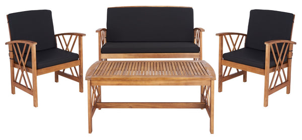 Safavieh FONTANA 4-Piece Outdoor Set - Stylish Acacia Wood Furniture with All-Weather Comfort & Chic Design Natural / Black PAT7008X