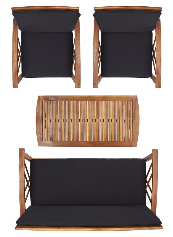 Safavieh FONTANA 4-Piece Outdoor Set - Stylish Acacia Wood Furniture with All-Weather Comfort & Chic Design Natural / Black PAT7008X