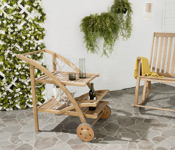 Safavieh LODI Outdoor Tea Cart - Stylish Portable Serving Solution for Patios, Decks, and Garden Gatherings Natural PAT7009A