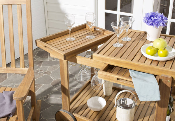 Safavieh ORLAND Portable Tea Trolley - Eco-Friendly Acacia Wood Serving Cart for Stylish Outdoor Entertaining Natural PAT7010A