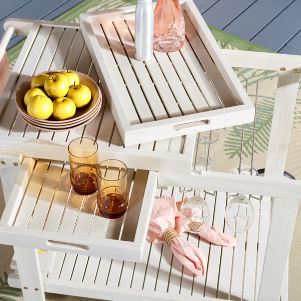 Safavieh ORLAND Portable Tea Trolley - Eco-Friendly Acacia Wood Serving Cart for Stylish Outdoor Entertaining White PAT7010C