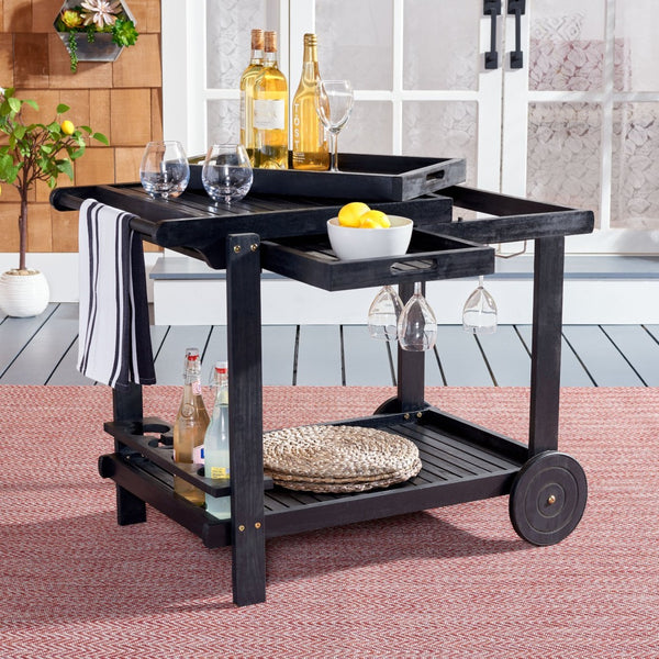 Safavieh ORLAND Portable Tea Trolley - Eco-Friendly Acacia Wood Serving Cart for Stylish Outdoor Entertaining Black PAT7010D