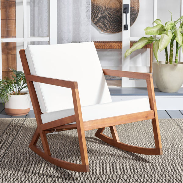 Safavieh VERNON Rocking Chair - Timeless Outdoor Comfort with Handcrafted Design and Eco-Friendly Eucalyptus Wood Natural / Beige PAT7013A