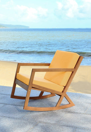 Safavieh VERNON Rocking Chair - Timeless Outdoor Comfort with Handcrafted Design and Eco-Friendly Eucalyptus Wood Natural / Yellow PAT7013B