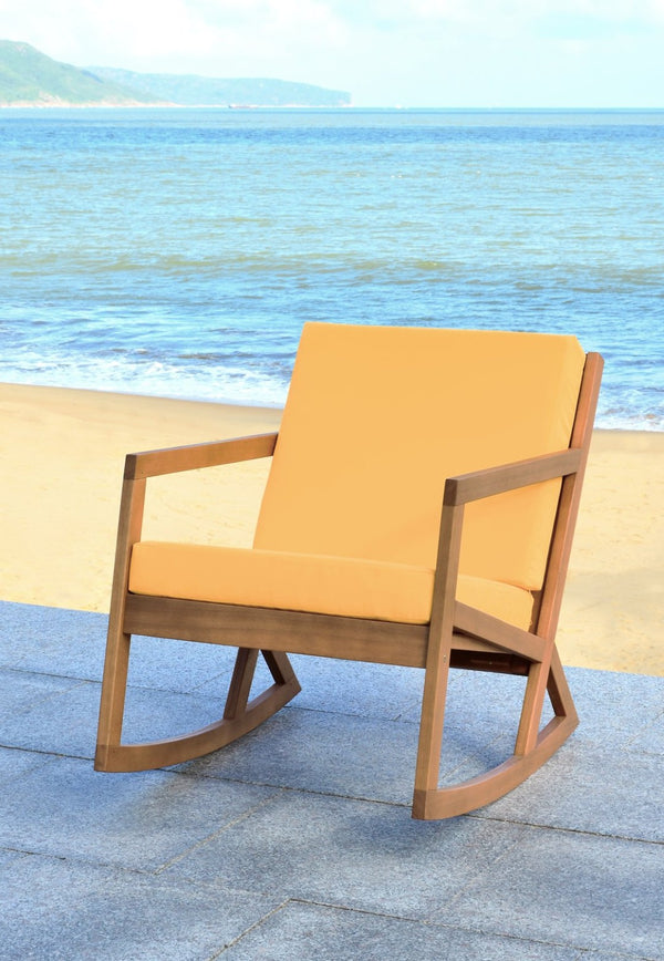 Safavieh VERNON Rocking Chair - Timeless Outdoor Comfort with Handcrafted Design and Eco-Friendly Eucalyptus Wood Natural / Yellow PAT7013B