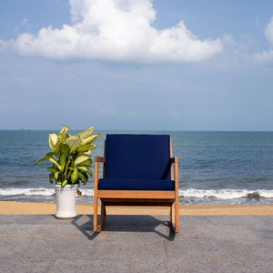 Safavieh VERNON Rocking Chair - Timeless Outdoor Comfort with Handcrafted Design and Eco-Friendly Eucalyptus Wood Natural / Navy PAT7013C