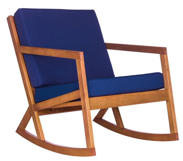 Safavieh VERNON Rocking Chair - Timeless Outdoor Comfort with Handcrafted Design and Eco-Friendly Eucalyptus Wood Natural / Navy PAT7013C