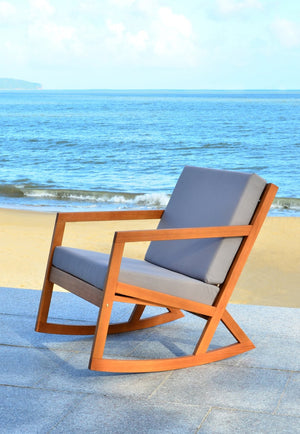 Safavieh VERNON Rocking Chair - Timeless Outdoor Comfort with Handcrafted Design and Eco-Friendly Eucalyptus Wood Natural / Grey PAT7013D