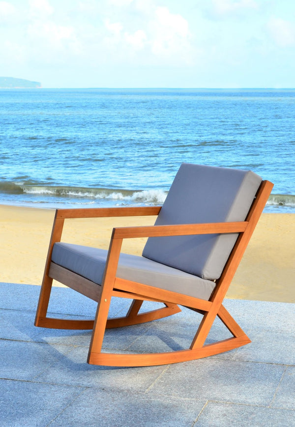 Safavieh VERNON Rocking Chair - Timeless Outdoor Comfort with Handcrafted Design and Eco-Friendly Eucalyptus Wood Natural / Grey PAT7013D