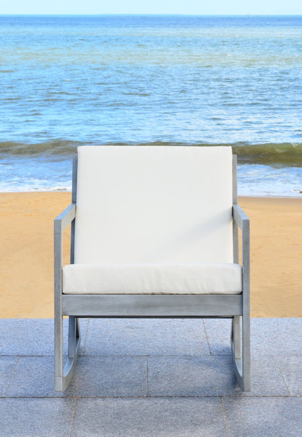 Safavieh VERNON Rocking Chair - Timeless Outdoor Comfort with Handcrafted Design and Eco-Friendly Eucalyptus Wood Grey / Beige PAT7013E