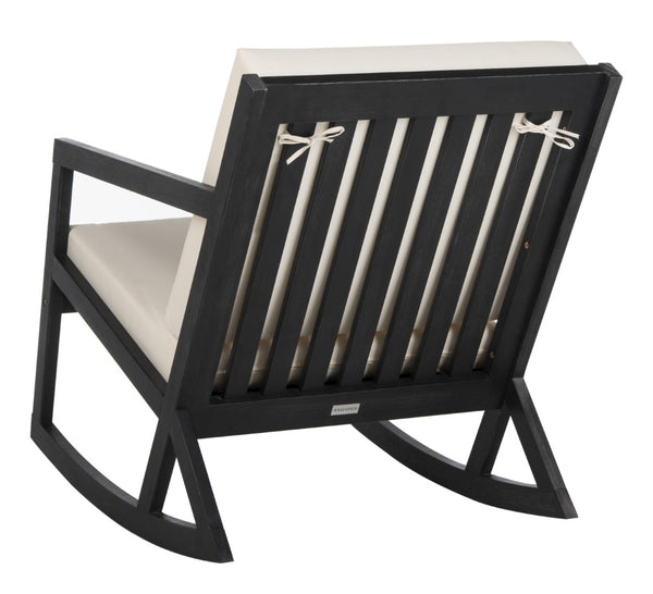 Safavieh VERNON Rocking Chair - Timeless Outdoor Comfort with Handcrafted Design and Eco-Friendly Eucalyptus Wood Black / Beige PAT7013F