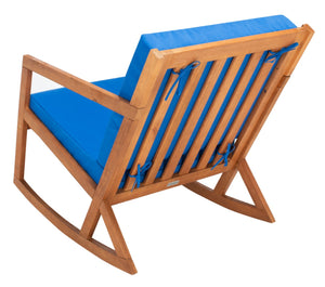 Safavieh VERNON Rocking Chair - Timeless Outdoor Comfort with Handcrafted Design and Eco-Friendly Eucalyptus Wood Natural / Royal Blue PAT7013K