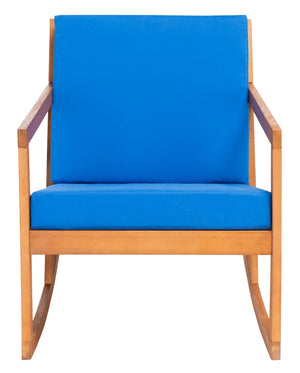 Safavieh VERNON Rocking Chair - Timeless Outdoor Comfort with Handcrafted Design and Eco-Friendly Eucalyptus Wood Natural / Royal Blue PAT7013K