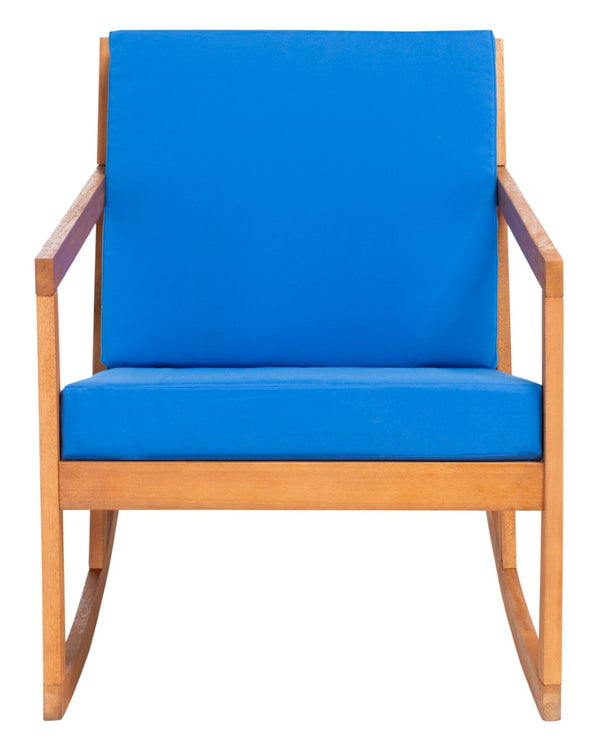 Safavieh VERNON Rocking Chair - Timeless Outdoor Comfort with Handcrafted Design and Eco-Friendly Eucalyptus Wood Natural / Royal Blue PAT7013K