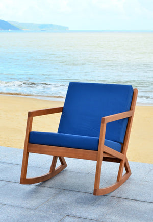 Safavieh VERNON Rocking Chair - Timeless Outdoor Comfort with Handcrafted Design and Eco-Friendly Eucalyptus Wood Natural / Royal Blue PAT7013K