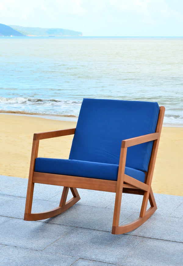Safavieh VERNON Rocking Chair - Timeless Outdoor Comfort with Handcrafted Design and Eco-Friendly Eucalyptus Wood Natural / Royal Blue PAT7013K