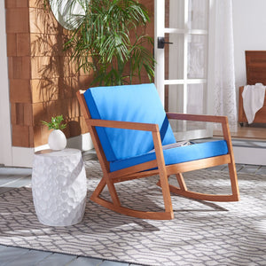 Safavieh VERNON Rocking Chair - Timeless Outdoor Comfort with Handcrafted Design and Eco-Friendly Eucalyptus Wood Natural / Royal Blue PAT7013K