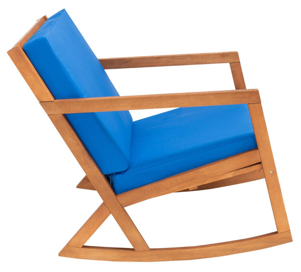 Safavieh VERNON Rocking Chair - Timeless Outdoor Comfort with Handcrafted Design and Eco-Friendly Eucalyptus Wood Natural / Royal Blue PAT7013K