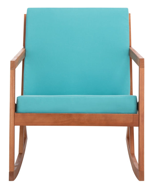 Safavieh VERNON Rocking Chair - Timeless Outdoor Comfort with Handcrafted Design and Eco-Friendly Eucalyptus Wood Natural / Aqua PAT7013Q