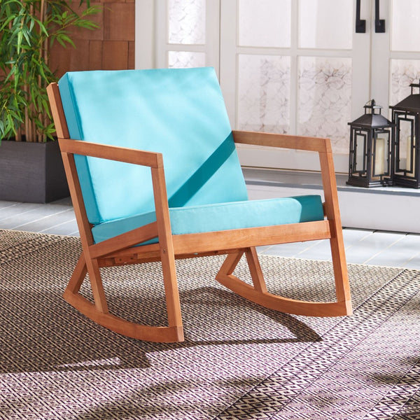 Safavieh VERNON Rocking Chair - Timeless Outdoor Comfort with Handcrafted Design and Eco-Friendly Eucalyptus Wood Natural / Aqua PAT7013Q