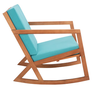 Safavieh VERNON Rocking Chair - Timeless Outdoor Comfort with Handcrafted Design and Eco-Friendly Eucalyptus Wood Natural / Aqua PAT7013Q