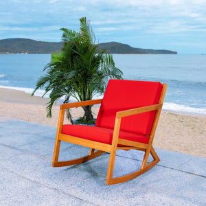 Safavieh VERNON Rocking Chair - Timeless Outdoor Comfort with Handcrafted Design and Eco-Friendly Eucalyptus Wood Natural / Red PAT7013R