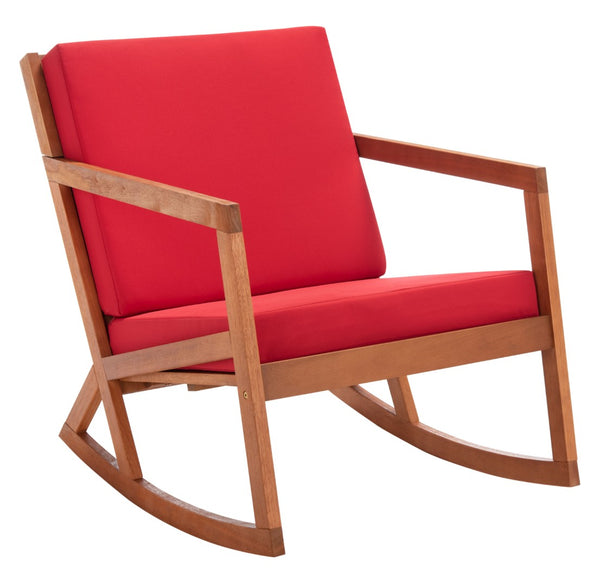 Safavieh VERNON Rocking Chair - Timeless Outdoor Comfort with Handcrafted Design and Eco-Friendly Eucalyptus Wood Natural / Red PAT7013R
