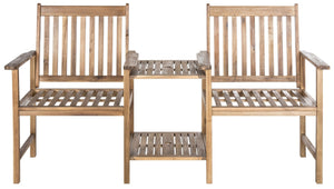 Safavieh BREA Twin Seat Outdoor Bench – Stylish Eco-Friendly Acacia Wood with Umbrella-Ready Drink Table Natural PAT7014A