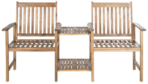 Safavieh BREA Twin Seat Outdoor Bench – Stylish Eco-Friendly Acacia Wood with Umbrella-Ready Drink Table Natural PAT7014A