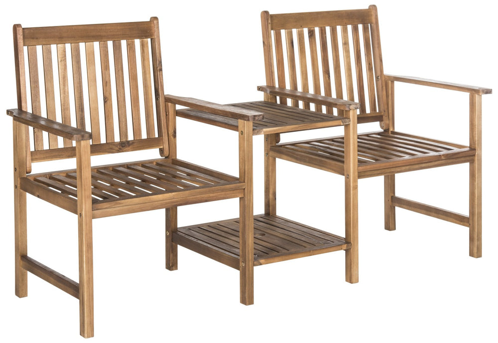 Safavieh BREA Twin Seat Outdoor Bench – Stylish Eco-Friendly Acacia Wood with Umbrella-Ready Drink Table Natural PAT7014A