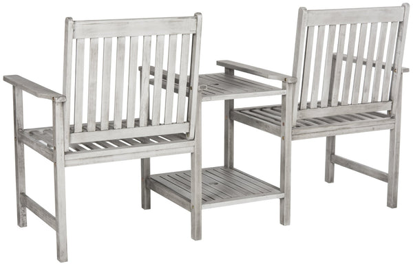 Safavieh BREA Twin Seat Outdoor Bench – Stylish Eco-Friendly Acacia Wood with Umbrella-Ready Drink Table Grey PAT7014B
