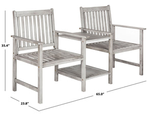 Safavieh BREA Twin Seat Outdoor Bench – Stylish Eco-Friendly Acacia Wood with Umbrella-Ready Drink Table Grey PAT7014B