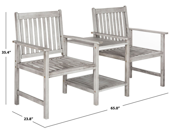 Safavieh BREA Twin Seat Outdoor Bench – Stylish Eco-Friendly Acacia Wood with Umbrella-Ready Drink Table Grey PAT7014B