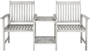 Safavieh BREA Twin Seat Outdoor Bench – Stylish Eco-Friendly Acacia Wood with Umbrella-Ready Drink Table Grey PAT7014B