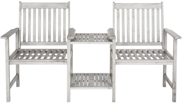 Safavieh BREA Twin Seat Outdoor Bench – Stylish Eco-Friendly Acacia Wood with Umbrella-Ready Drink Table Grey PAT7014B