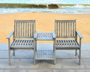 Safavieh BREA Twin Seat Outdoor Bench – Stylish Eco-Friendly Acacia Wood with Umbrella-Ready Drink Table Grey PAT7014B