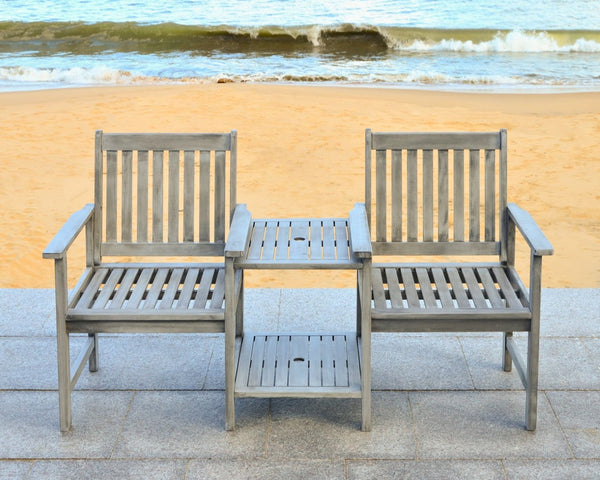 Safavieh BREA Twin Seat Outdoor Bench – Stylish Eco-Friendly Acacia Wood with Umbrella-Ready Drink Table Grey PAT7014B