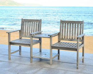 Safavieh BREA Twin Seat Outdoor Bench – Stylish Eco-Friendly Acacia Wood with Umbrella-Ready Drink Table Grey PAT7014B