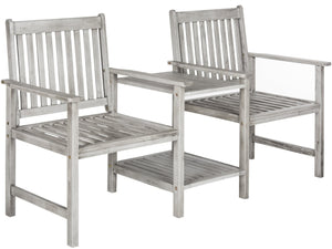 Safavieh BREA Twin Seat Outdoor Bench – Stylish Eco-Friendly Acacia Wood with Umbrella-Ready Drink Table Grey PAT7014B