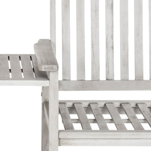 Safavieh BREA Twin Seat Outdoor Bench – Stylish Eco-Friendly Acacia Wood with Umbrella-Ready Drink Table Grey PAT7014B